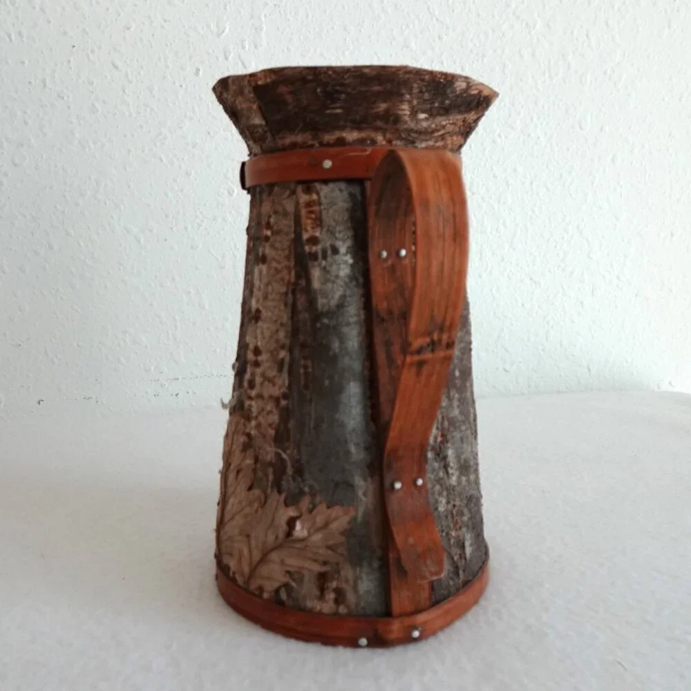 Handmade Wood Tree Bark Pitcher Vase 7.5” Vintage Rustic Natural Earthy Textured